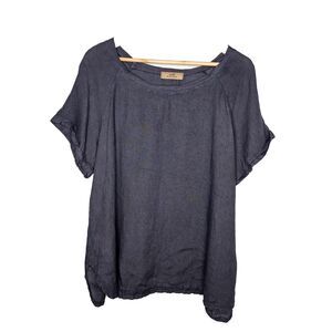JS MILLENIUM 100% Linen Top One Size Short Sleeves Blue Lagenlook Italian Beachy